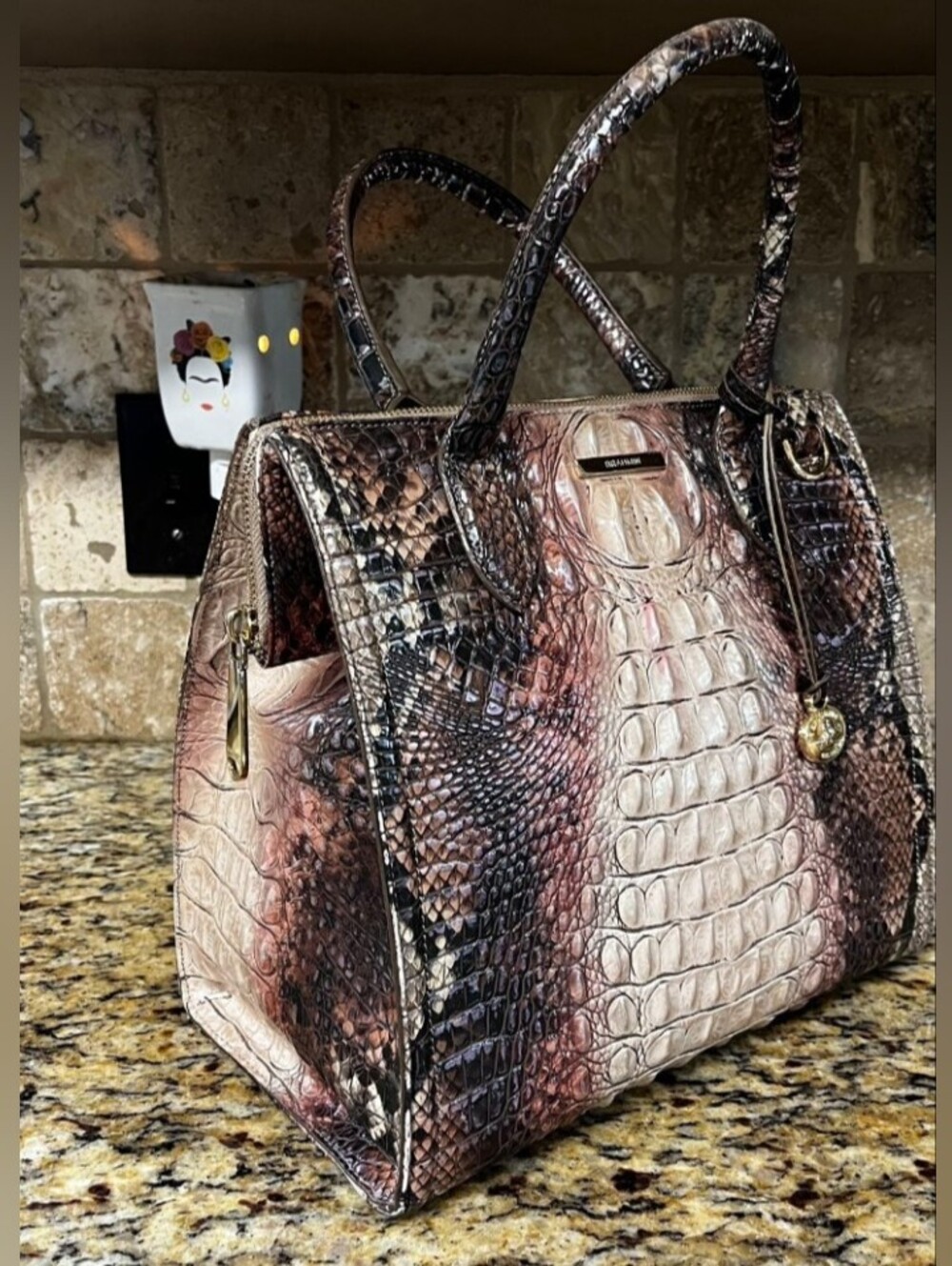 Brahmin Pink and Brown Croc-Embossed Satchel